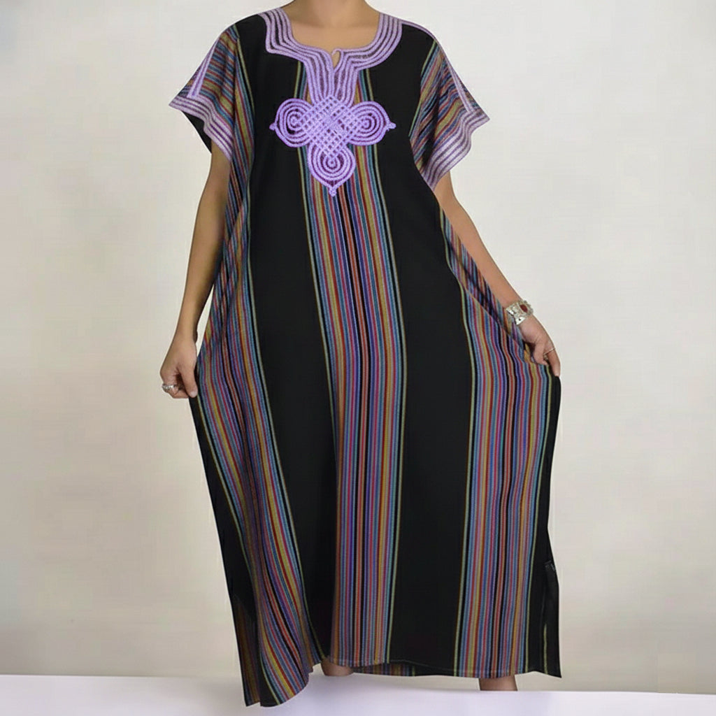 Moroccan Maxi Striped Kaftan Dress – Vibrant & Comfortable - Black