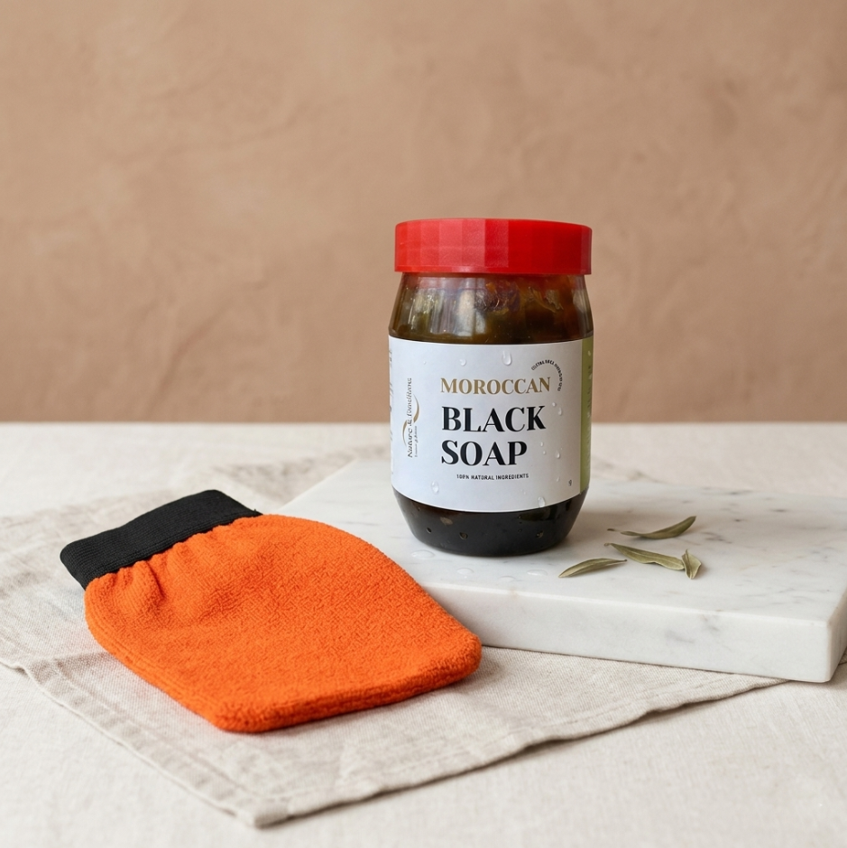 Moroccan Hammam spa set, Black Soap and Kessa glove, traditional