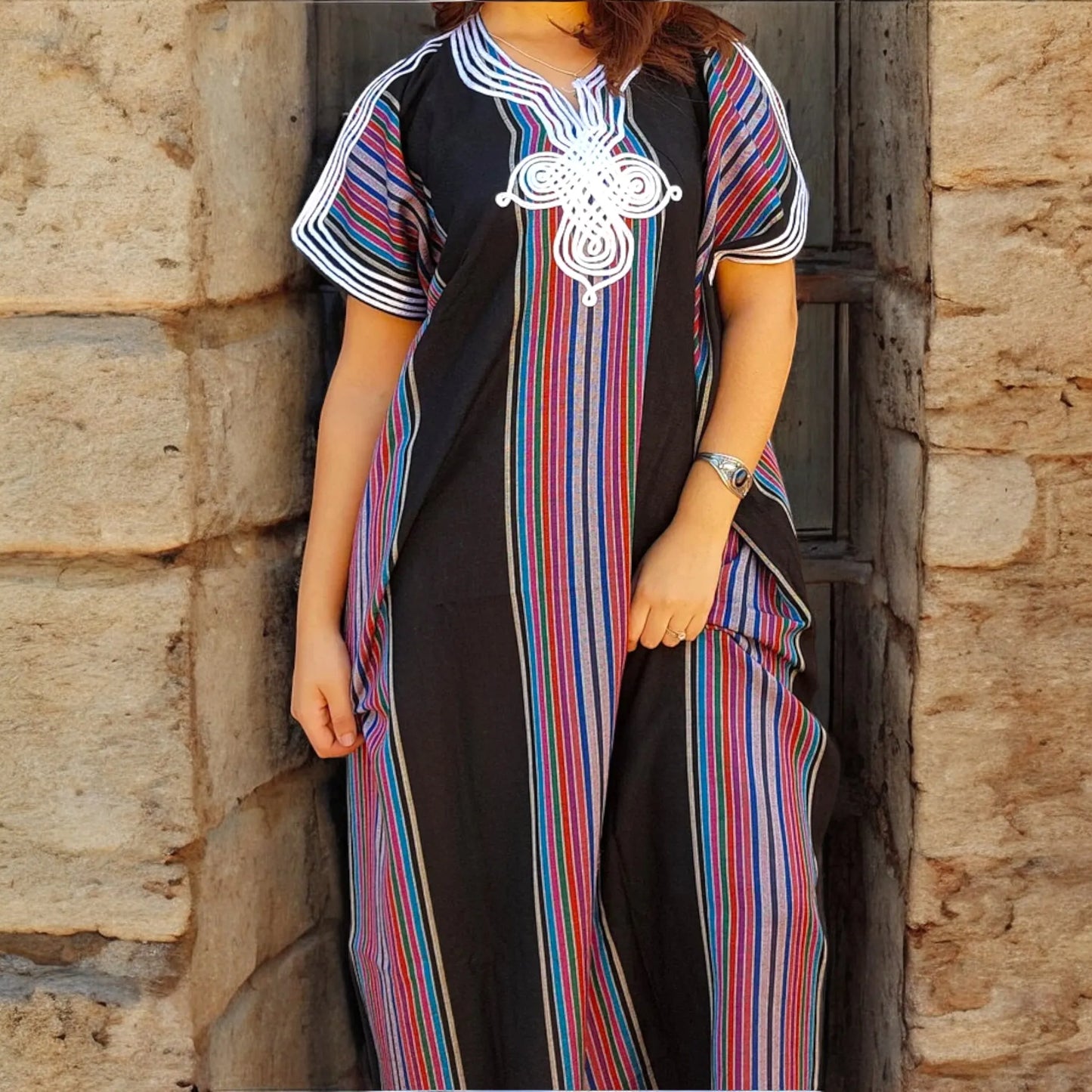 Moroccan Maxi Striped Kaftan Dress – Vibrant & Comfortable - Black