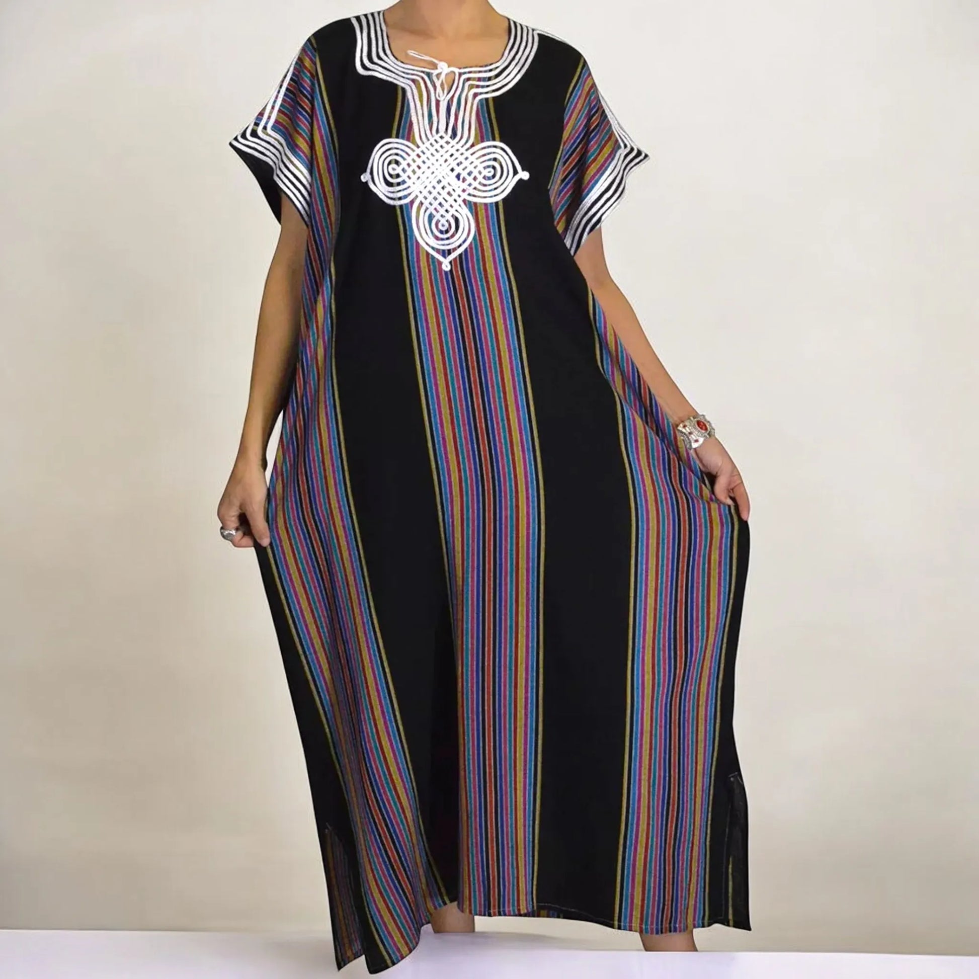 Moroccan Maxi Striped Kaftan Dress Vibrant & Comfortable - Black Moroccan Maxi Striped Kaftan Dress Vibrant & Comfortable - Black