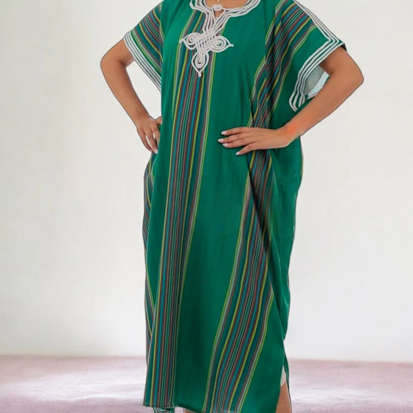 Moroccan Maxi Striped Kaftan Dress – Vibrant & Comfortable - Green