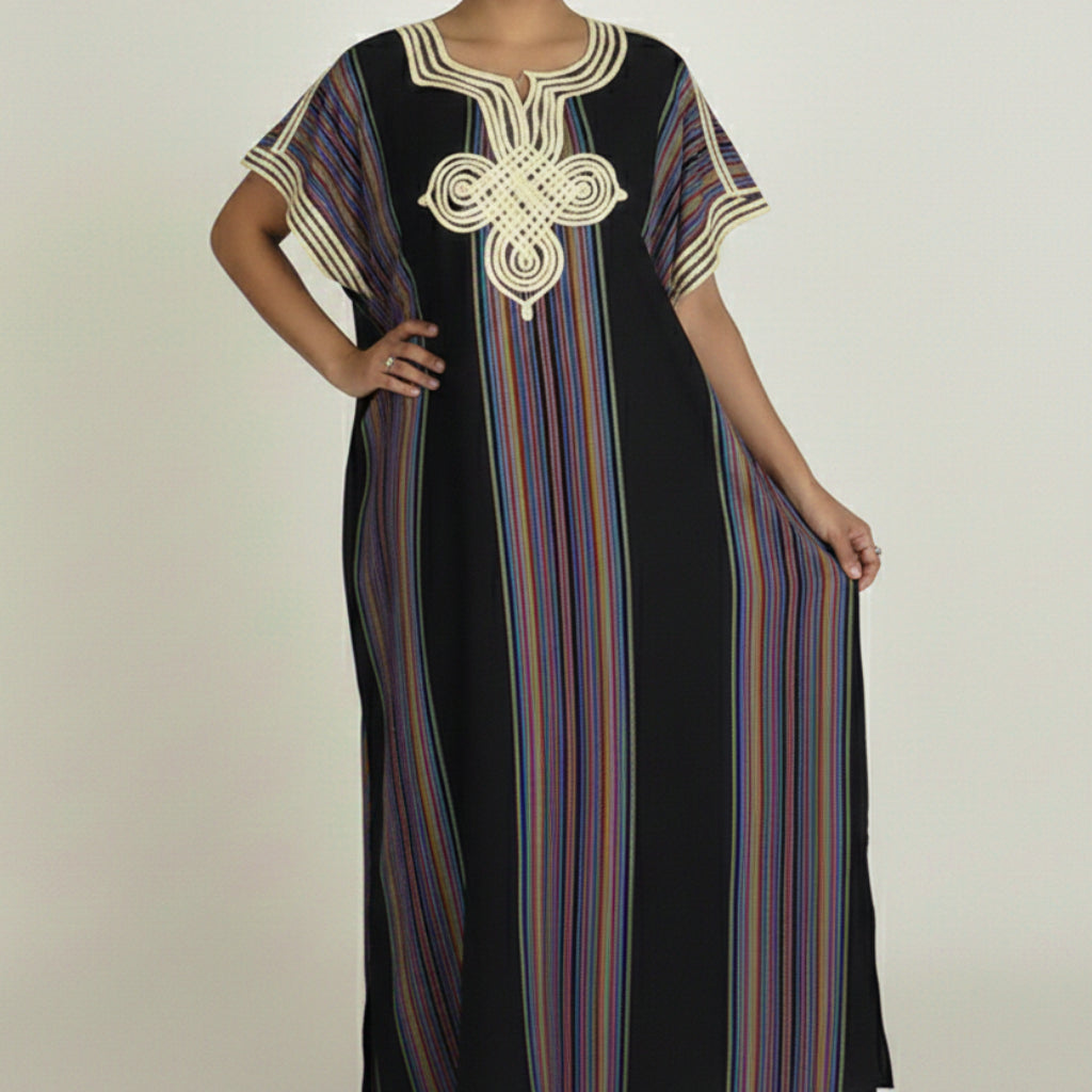 Moroccan Maxi Striped Kaftan Dress – Vibrant & Comfortable - Black