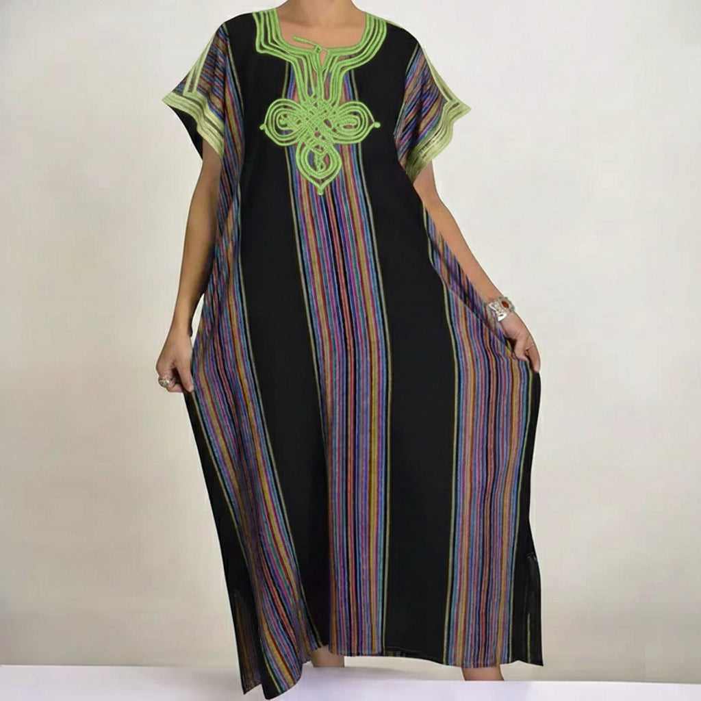 Moroccan Maxi Striped Kaftan Dress – Vibrant & Comfortable - Black