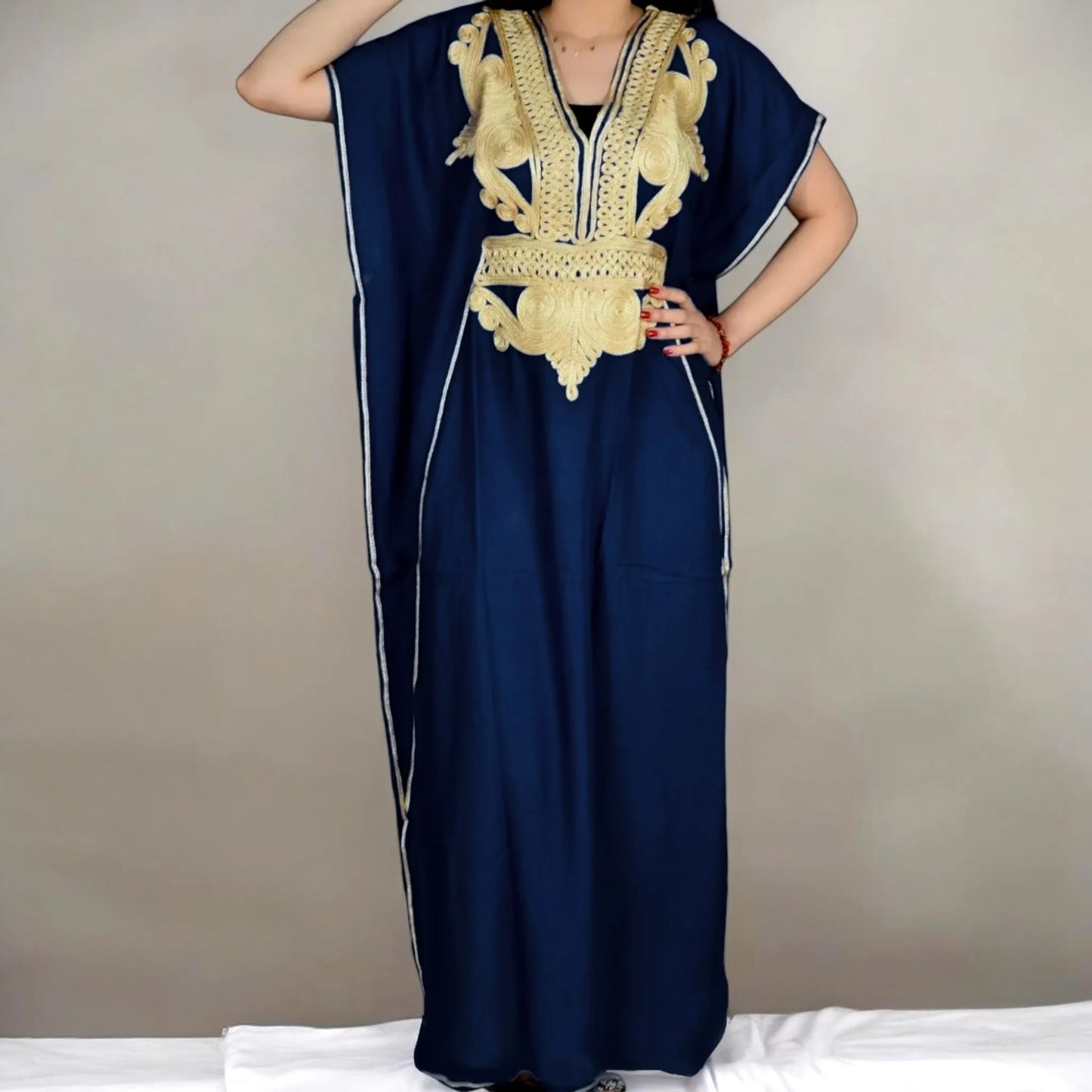 Moroccan Maxi Kaftan Dress - Women’s Boho - Navy