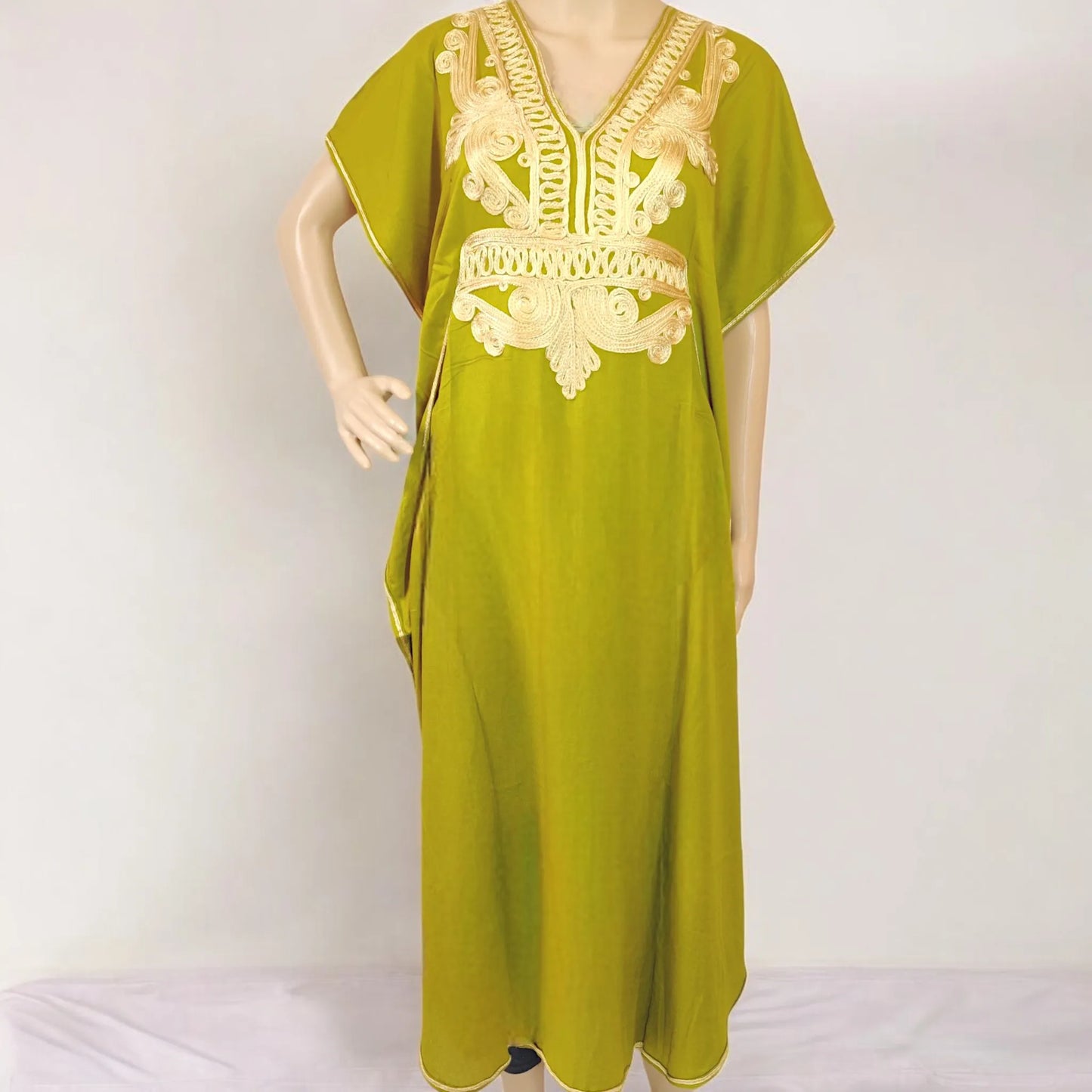 Moroccan Maxi Kaftan Dress - Women’s Boho - Olive Yellow