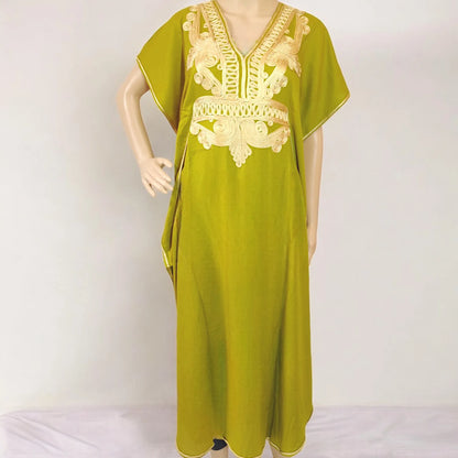Moroccan Maxi Kaftan Dress - Women’s Boho - Olive Yellow