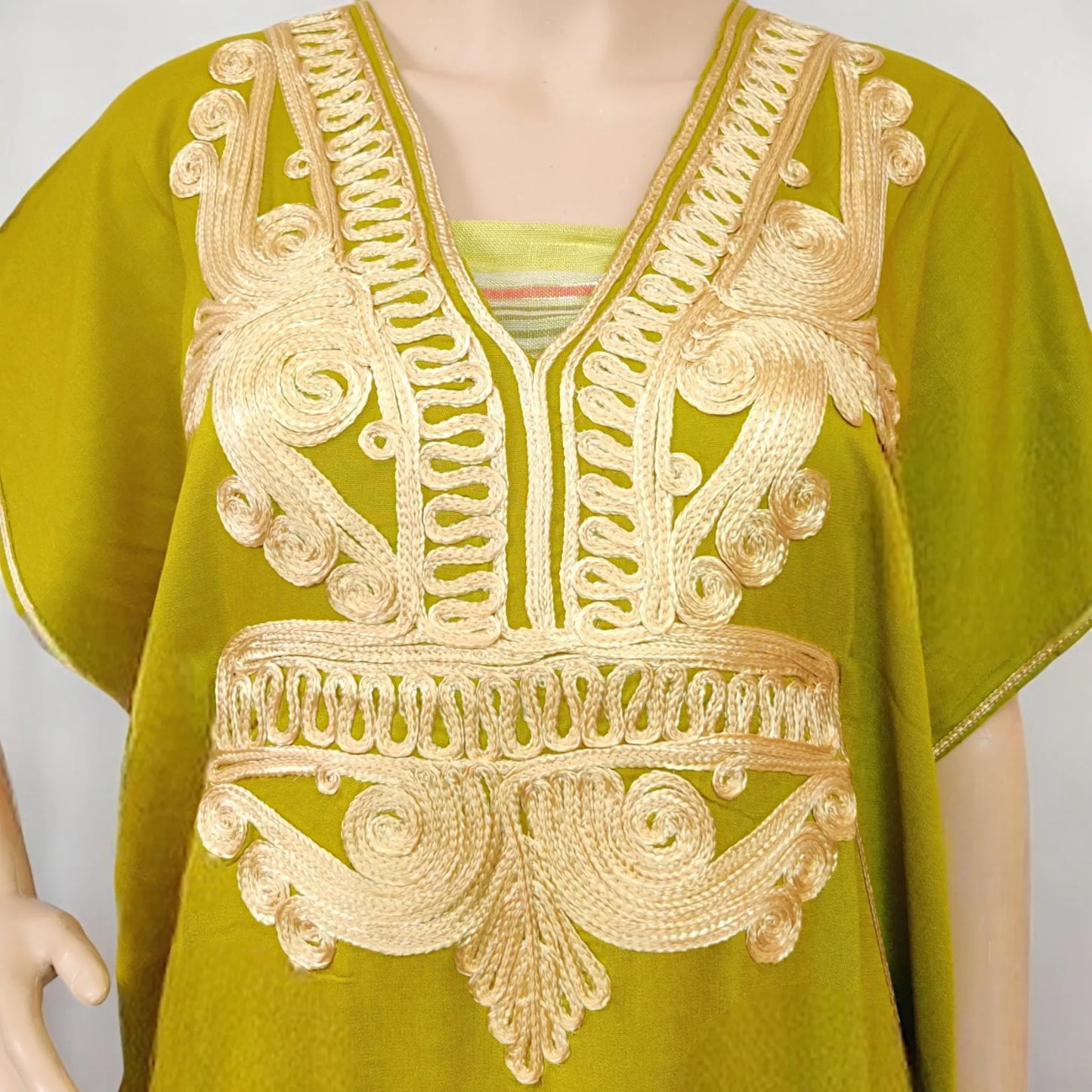 Moroccan Maxi Kaftan Dress - Women’s Boho - Olive Yellow