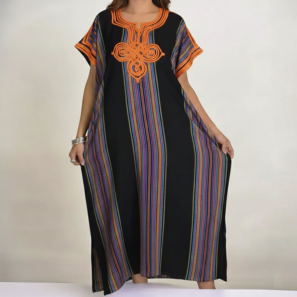 Moroccan Maxi Striped Kaftan Dress – Vibrant & Comfortable - Black