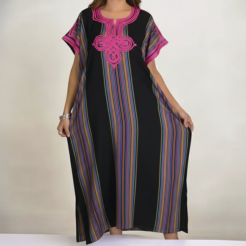 Moroccan Maxi Striped Kaftan Dress – Vibrant & Comfortable - Black