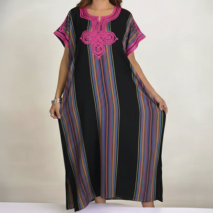 Moroccan Maxi Striped Kaftan Dress – Vibrant & Comfortable - Black