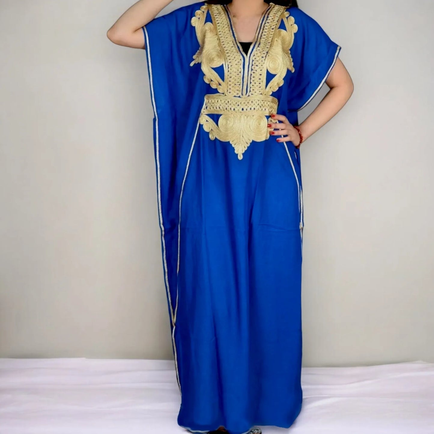 Moroccan maxi kaftan, embroidered kaftan dress, handcrafted Moroccan dress, cotton blend kaftan, adjustable one-size kaftan, elegant full-length kaftan, traditional Moroccan embroidery, stylish house dress. – Nature & Traditions