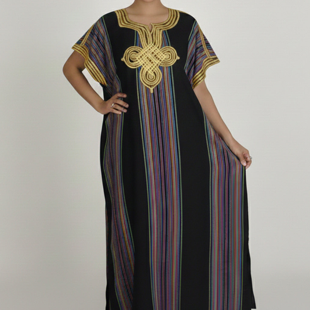 Moroccan Maxi Striped Kaftan Dress – Vibrant & Comfortable - Black