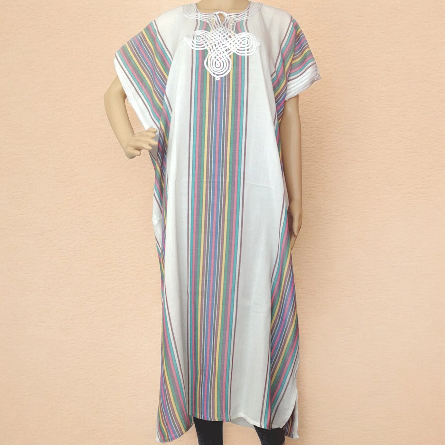 Moroccan Maxi Striped Kaftan Dress – Vibrant & Comfortable - White